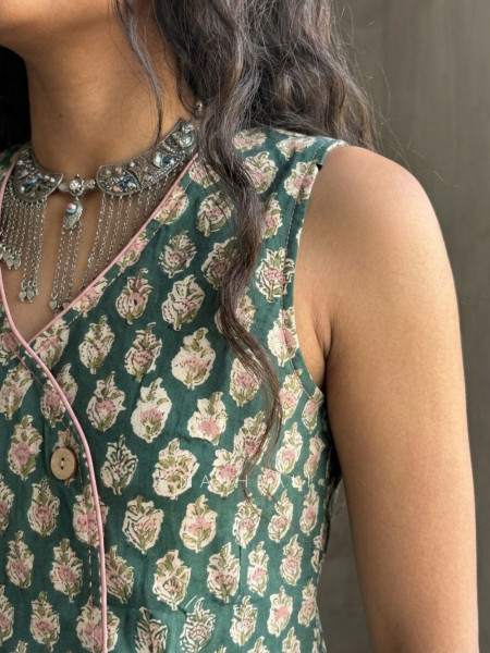 Flexora Green Printed Sleeveless Top with Overlap Neck Detail