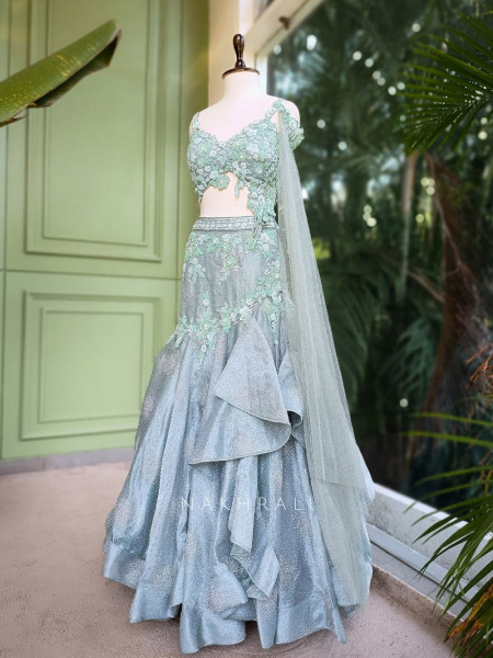 Serenya Sea Green Indo-Western Lehenga Set with Floral Embroidery