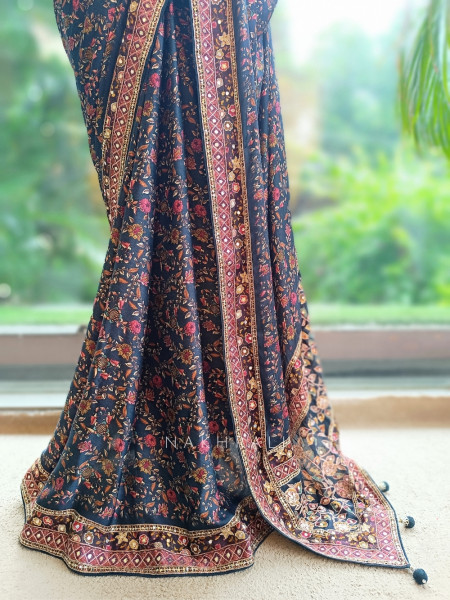 Blue Floral Ajrak Modal Silk Saree