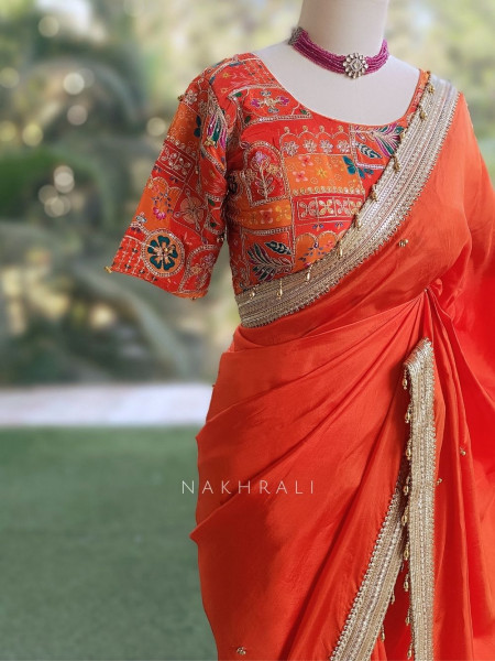 Rati Orange Saree with Gota Patti Border & Multicolor Embroidered Readymade Blouse