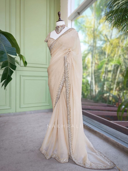chandrika Golden Saree with Mirror Sequin and Cut Dana Border