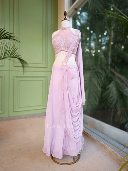 Elira Purple Drape Saree with Embellished Halter Blouse