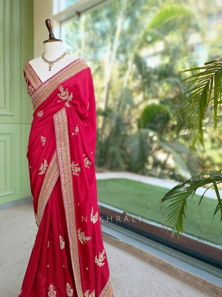 Tarang Cherry Red Saree With Zardozi, Pitta & Gota Patti Work
