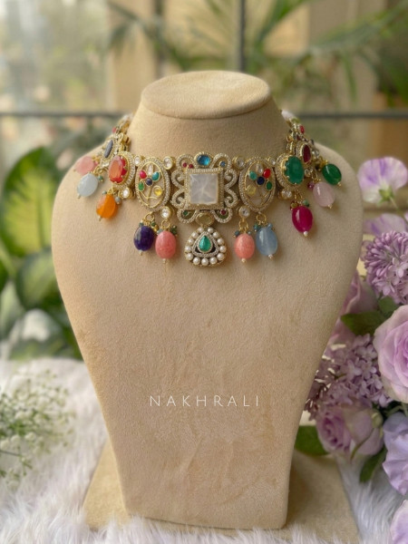 Chitramani White Multicolor  Choker Necklace Set With Multicolor Stone & Bead Detail