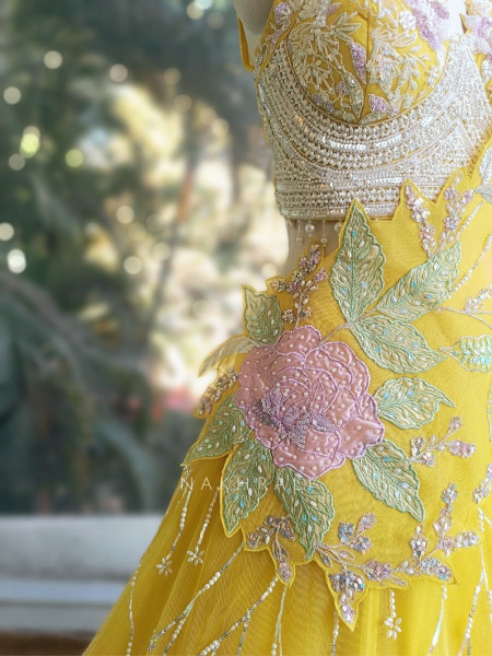 Floral Symphony Yellow Indo-Western Lehenga Set