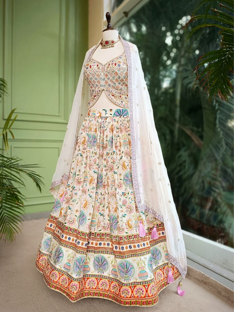 Image of Elysian Cream Printed Lehenga with Intricate Detailing