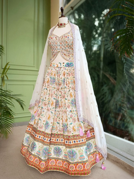 Elysian Cream Printed Lehenga with Intricate Detailing