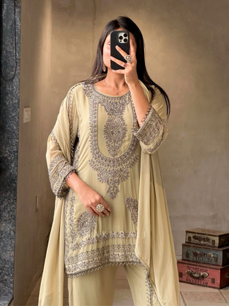 Ira Green Mehendi Georgette Suit Set with Zari Sequin Work