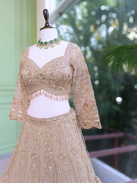 Kavros Beige Lehenga Set with Cut Dana & Sequin Work