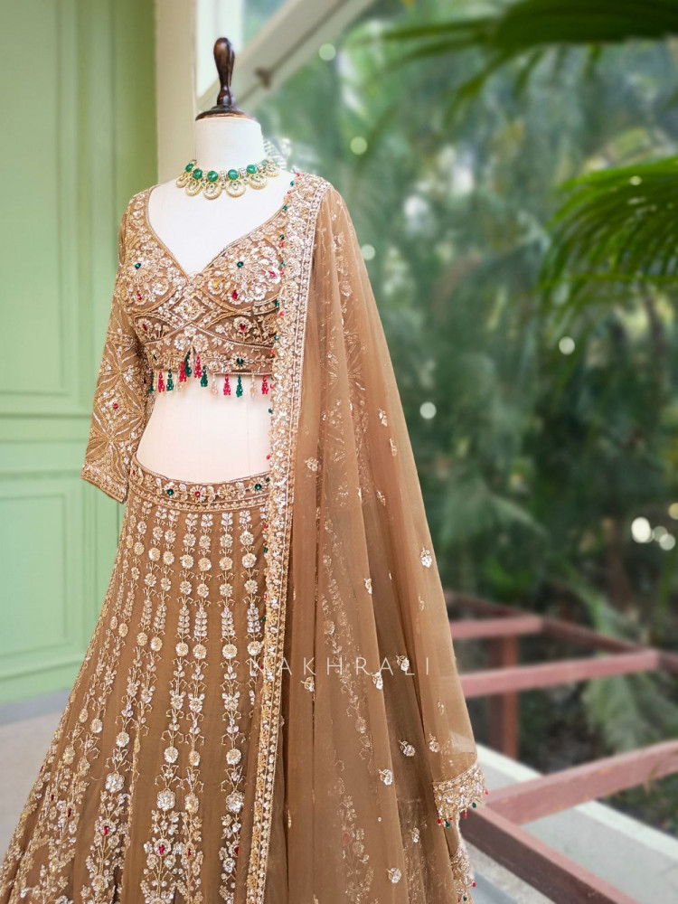 Image of Rajvan Brown Net Lehenga Set with Cut Dana Sequin Work
