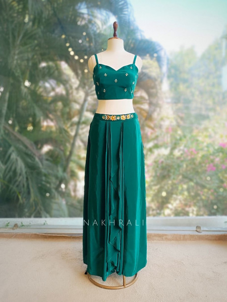 Elysia Green Sequin & Mirror Work Indo-Western Set with Embellished Jacket