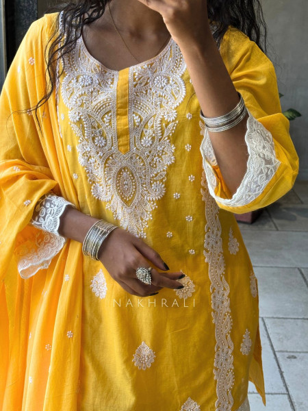 Meher Yellow Cotton Blend Chikankari Kurta Set with Lace Detail