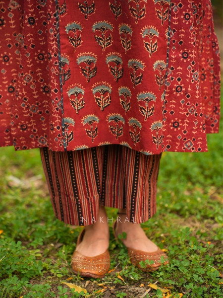 Rozana Red Cotton Pant Kurta Set with Patch Work