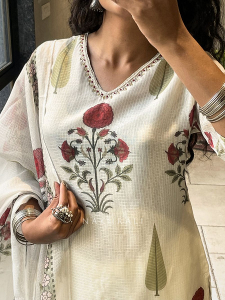 Nuvira Cream Kota Doria Suit Set with Floral Print