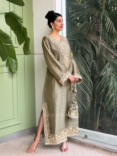 Kyra Green Straight Dress with Mirror Zari Work