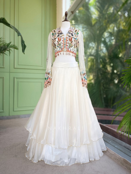 Aveline Ivory Indo Western Lehenga with Multicolor Thread, Sequin and Bead Embroidery
