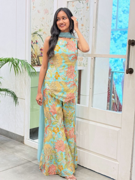 Giselle  Aqua Blue Indo Western Palazzo Set With  Floral Embroidery