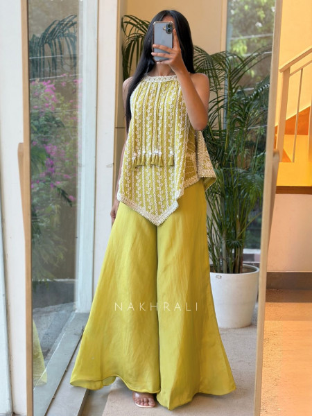 Citrine Parrot Green Indo Western Palazzo Set with Bead Work & Tassel Neck Detail