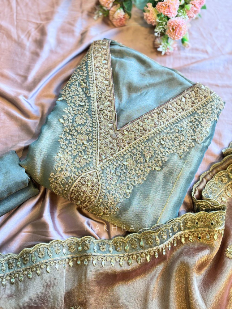 Image of Ravika Sea Green Dress Material with Mirror Gota Patti Work