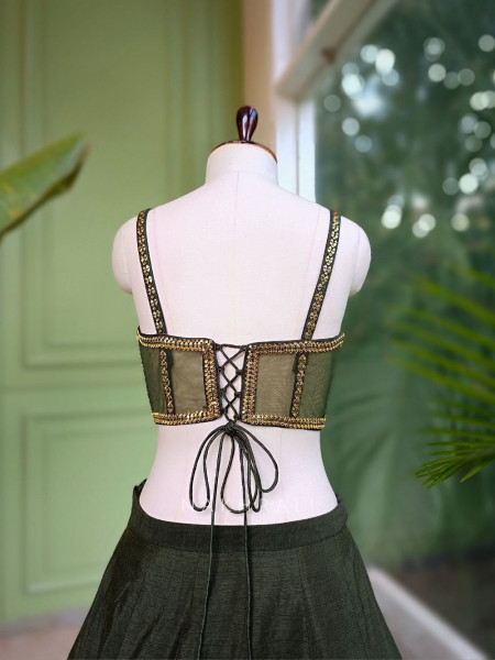 Arvaya Olive Indo Western Lehenga with Beaded Corset and Printed Jacket