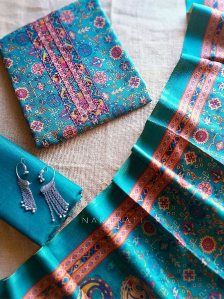 Heritage Rama Green Woolen Printed Dress Material