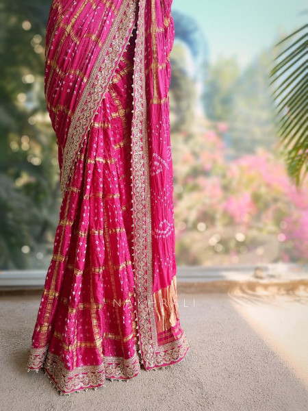 Noor-E-Riwaayat Magenta Bandhani Saree with Zari Border