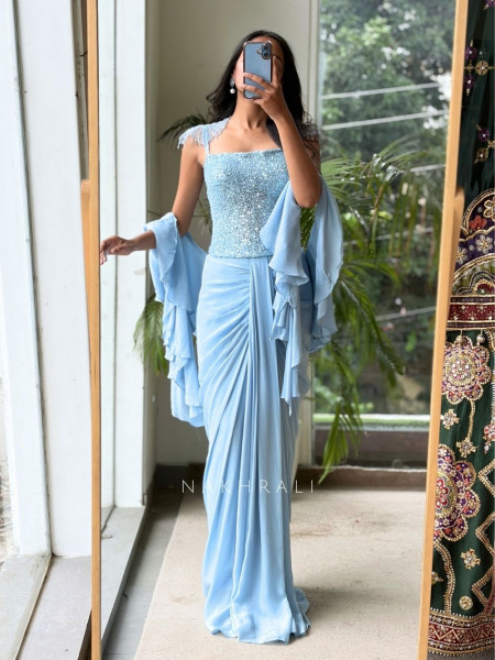 Shimmer Glow Sky Blue Crop Top Skirt Set With Sequin Corset & Ruffle Cape Detail