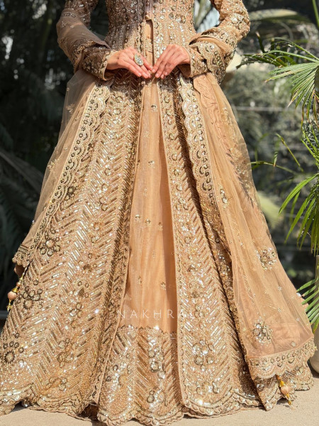 Mocha Bloom Brown Achkan Pattern Lehenga with Zari Sequin Work
