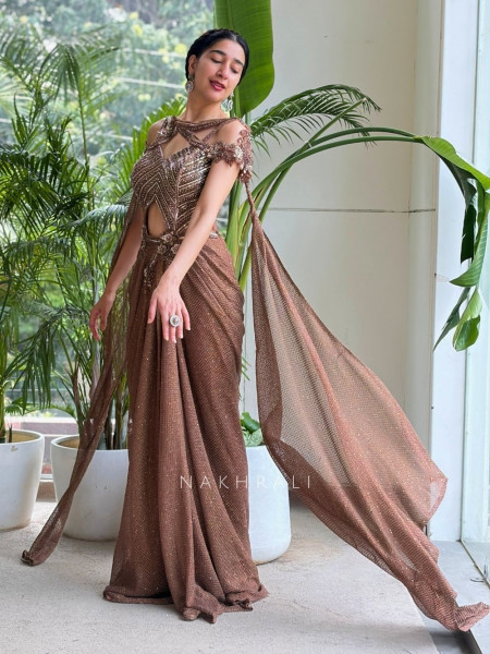 Virelle Brown Indo-Western Drape Gown with Sequin Work