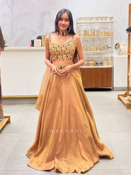 Sorina Golden Indo-Western Lehenga Set with Sequin and Stone Work
