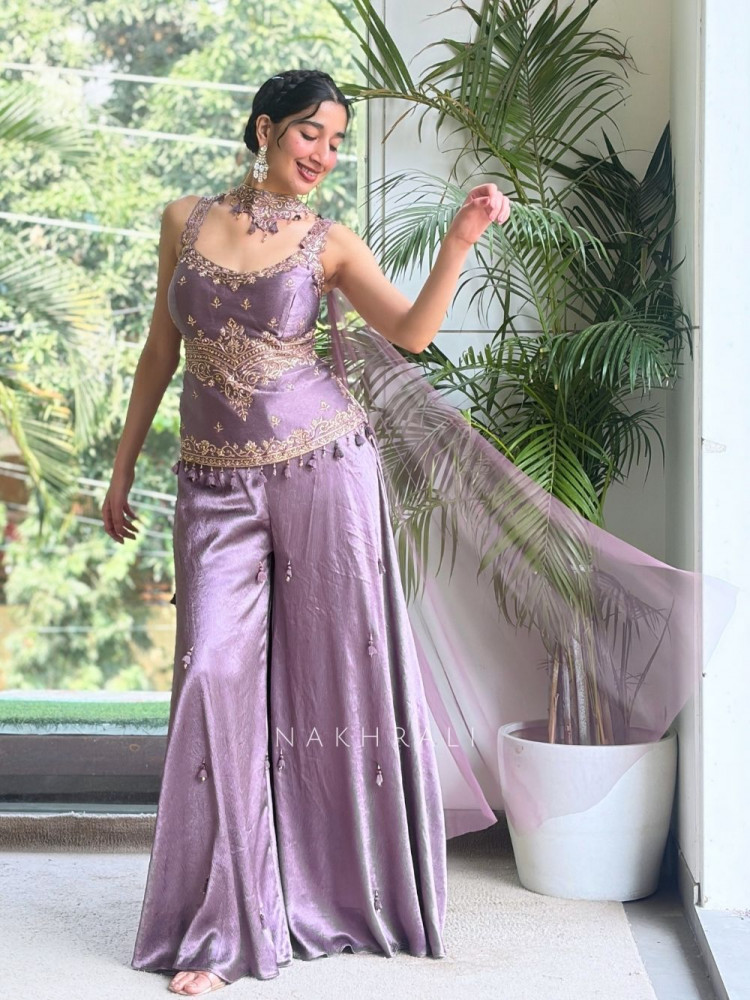 Image of Rosette Purple Tissue Silk Corset Palazzo Set
