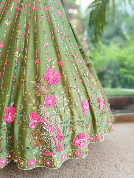 Amoret  Green Raw Silk & Tulle Carnival Lehenga Set With 3D Floral, Cutdana & Cowrie Work