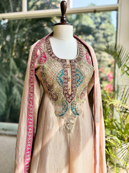 Rivaya Beige Zari Gota Patti Kurta Palazzo Set