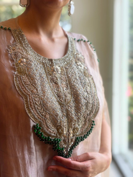 Rivasha Light Pink Kaftan Set with Sequin and Bead Embellished Yoke