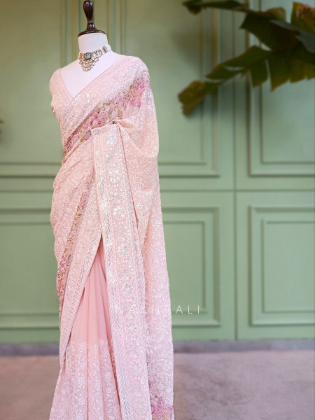 Ecru Grace Pink Embroidered Elegance Saree with Sequin Detailing