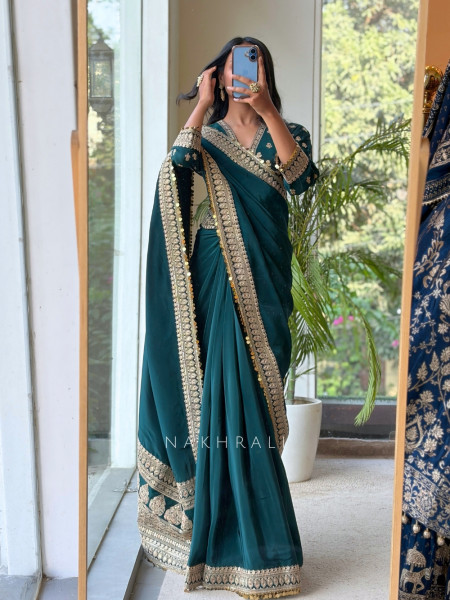 Thalassa Coin Green Chinon Georgette Saree