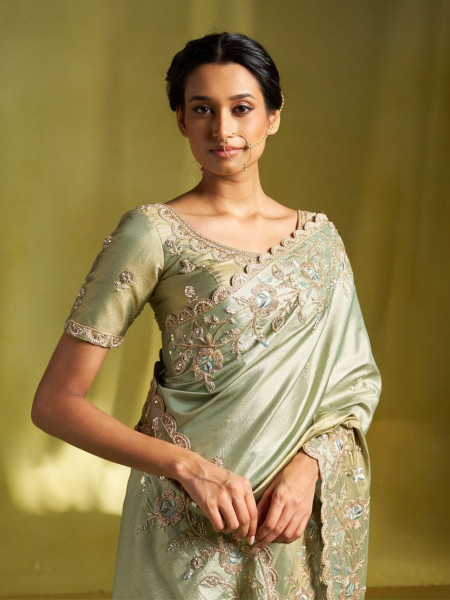 Elysian Glow Green Tissue Dola Silk Saree with Zardozi Embroidery