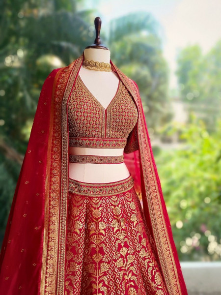 Veerangana Red Silk Bridal Lehenga with Zari Weave