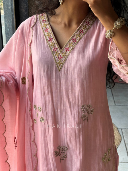 Mrinala Pink Suit Set with Floral Embroidery