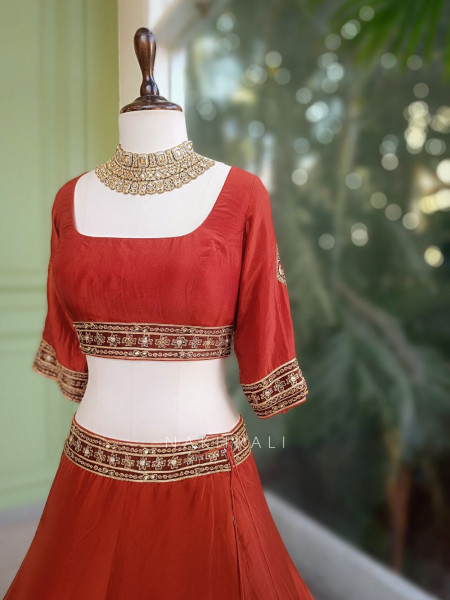 Vrishti Brick Lehenga Set with Peacock and Sequin Embroidery