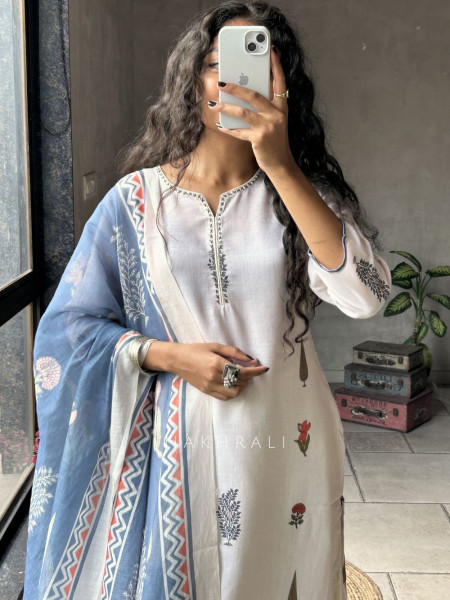 Mira White Suit Set with Floral Print