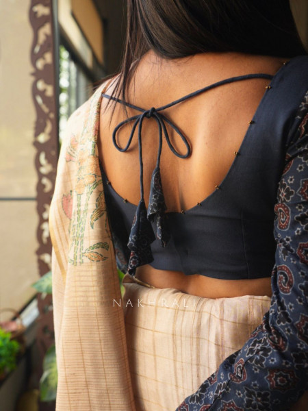 Taal Rang Blue Cotton Blouse with Beaded Neckline
