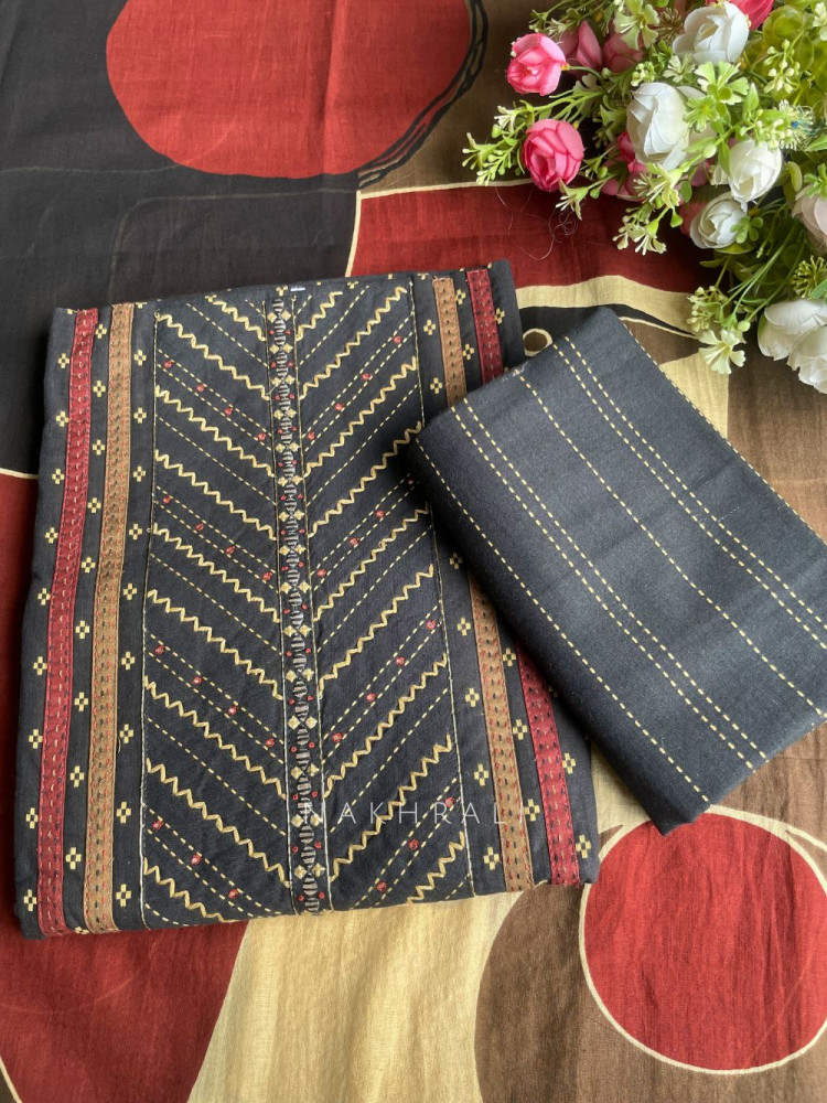 Image of Ceyora Black Cotton Dress Material with Thread Weave Pattern