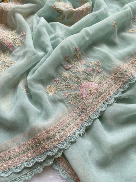 Lunora Firozi Floral Embroidered Dress Material with Pearl Detail