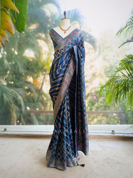 Solvara Blue Bandhani Saree with Traditional Border