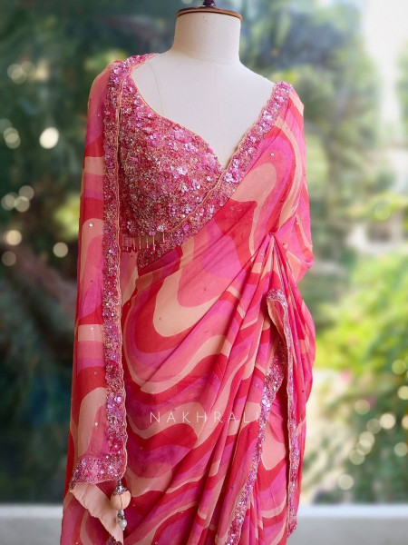 Roselia Pink Abstract Saree with Sequin Embellished Blouse