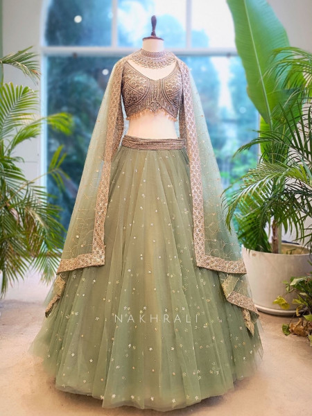Lustre Enchant Sage Green Net Lehenga with Heavy Embroidered Blouse