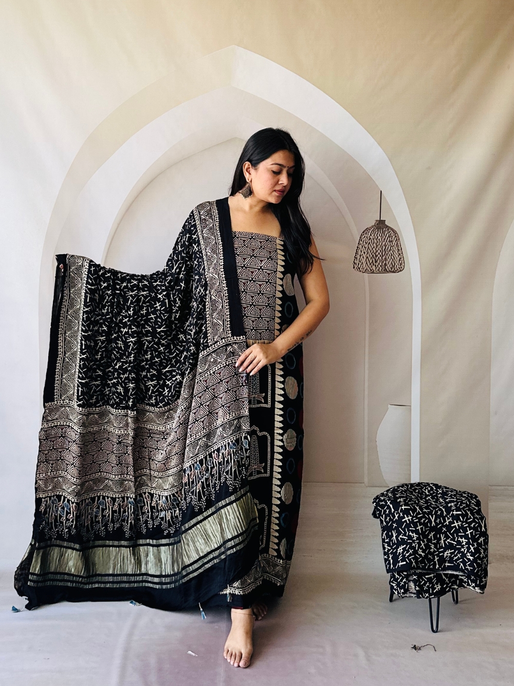 modal silk dress material Tishira Shadow Black Printed Modal Silk Dress Material
