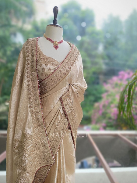Gilded Noor Golden Premium Tissue Silk Blend Saree With Readymade Blouse