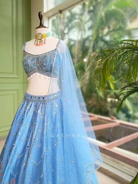 Aurora Bloom Blue Lehenga with Sequin, Mirror, Pearl and Cut Dana Work